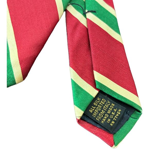 AKM Red Green Gold Striped Italian Silk Hand Made Tie - Picture 3 of 6